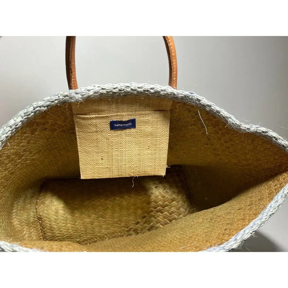 Hatattack Blue Striped Woven Straw Beach Leather Handle Tote Bag Purse Shopper